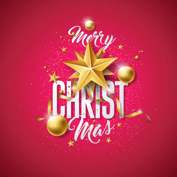 带金玻璃球、剪纸星和红色背景字体元素的矢量圣诞快乐图解。特快专递贺卡、派对邀请函或宣传单之假日设计. — 图库矢量图片