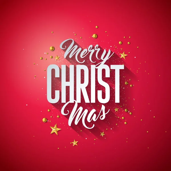 Merry Christmas Typography Illustration with 3d Holiday Element and Long Shadow on Shiny Red Background. Vector Design for Greeting Card, Party Invitation Poster or Promo Banner. — Stock Vector