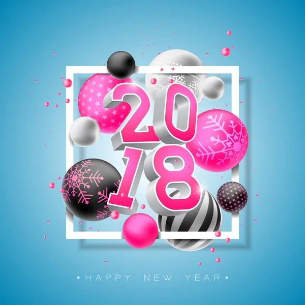 Frohes neues Jahr 2018 Illustration mit hellen 3D-Zahl und Zierball auf blauem Hintergrund. Vektor-Urlaubsdesign für Premium-Grußkarte, Party-Einladung oder Promo-Banner. — Stockvektor