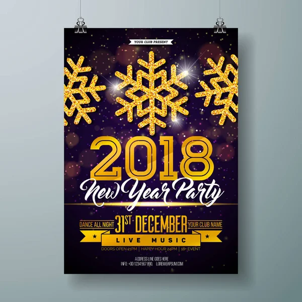 Illustrazione del modello di poster per feste di Capodanno con numero 3d 2018, palla da discoteca e fuochi d'artificio su sfondo colorato lucido. Volantino o banner promozionale per inviti premium per vacanze vettoriali . — Vettoriale Stock