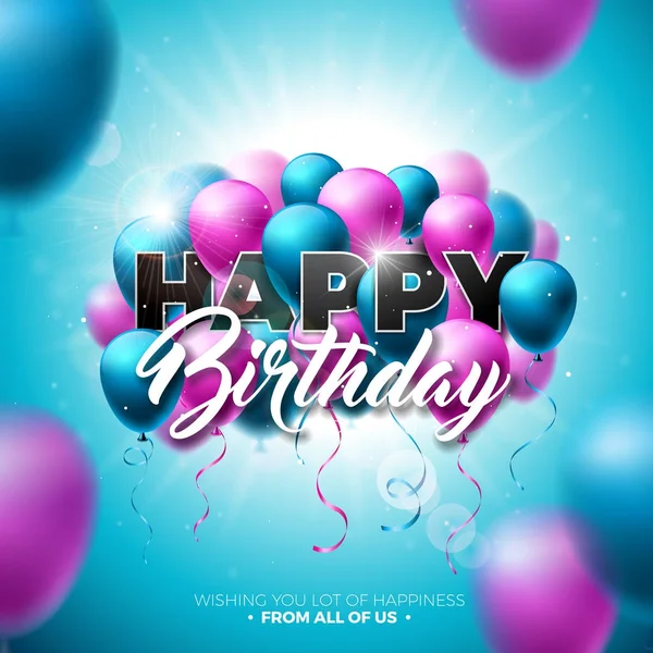 Happy Birthday Vector Design mit Ballon, Typografie und 3D-Element auf strahlend blauem Himmelshintergrund. Illustration zur Geburtstagsfeier. Grußkarten oder Poster. — Stockvektor