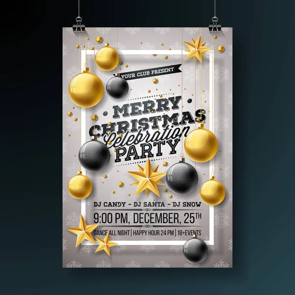 God Jul Party Flyer Design med semester Typografi element och prydnadsbollar, Cutout Paper Star, tallgren på ljus bakgrund. Premium vektor firande Affisch Illustration. — Stock vektor