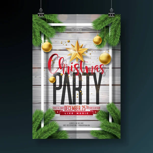 Vector Merry Christmas Party Flyer Design with Holiday Typography Elements and Ornamental Balls on Vintage Wood Background. Premium Celebration Poster Illustration. — Stock Vector