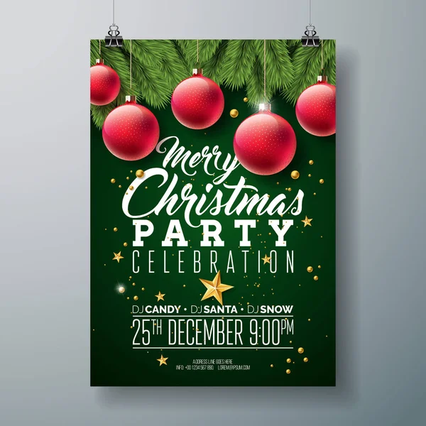 Vektor-Weihnachtsfeier-Flyer-Design mit Feiertags-Typografie-Elementen und Zierkugel, Kiefernzweig auf dunkelgrünem Hintergrund. Premium-Plakat-Illustration für Ihre Veranstaltungseinladung. — Stockvektor