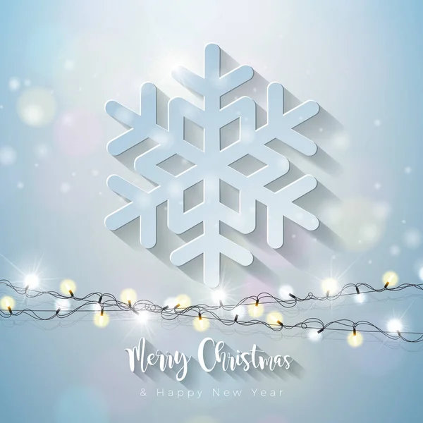 Frohe Weihnachten und ein gutes neues Jahr Illustration mit 3D-Schneeflocke und Lichterkette auf glänzendem Hintergrund. Vector Holiday Design für Premium-Grußkarte, Party-Einladung oder Werbebanner. — Stockvektor