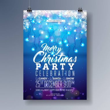 Vector Merry Christmas Party Flyer Design with Holiday Typography Elements, Snowflake and Light Garland on Shiny Blue Background. Kutlama Posteri Davetiyesi İllüstrasyonu.