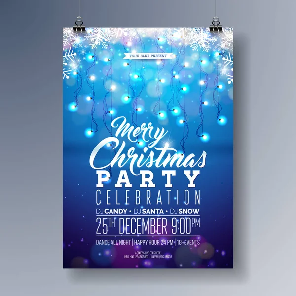 Vector Feliz Natal Party Flyer Design com elementos de tipografia de férias, floco de neve e luz guirlanda no fundo azul brilhante. Ilustração do convite do cartaz da celebração. — Vetor de Stock
