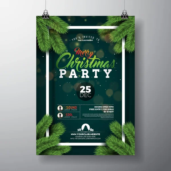 Vector Christmas Party Flyer Design avec des éléments typographiques de vacances et une branche de pin sur fond vert foncé. Illustration d'affiche de célébration Premium pour votre invitation à l'événement . — Image vectorielle