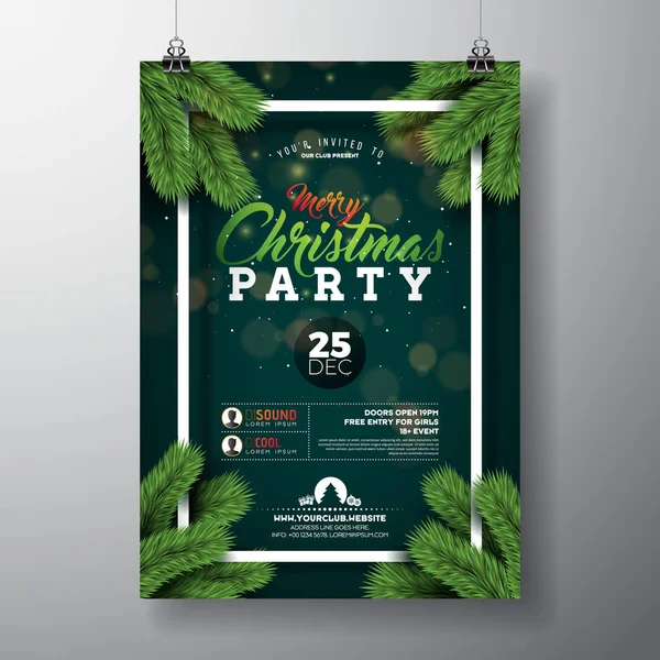 Progettazione di volantini per feste di Natale vettoriali con elementi di tipografia natalizia e ramo di pino su sfondo verde scuro. Illustrazione del poster di celebrazione premium per il tuo invito all'evento . — Vettoriale Stock