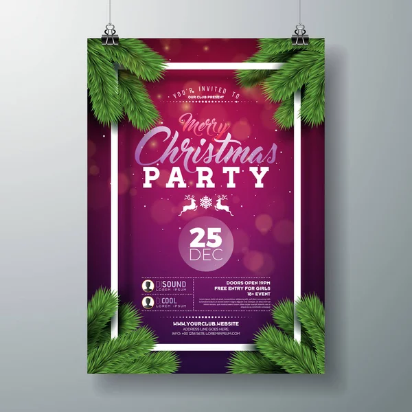 Vector Christmas Party Flyer Design with Holiday Typography Elements and Pine Branch on Violet Background. Premium Celebration Poster Illustration for Your Event Invitation. — Stock Vector