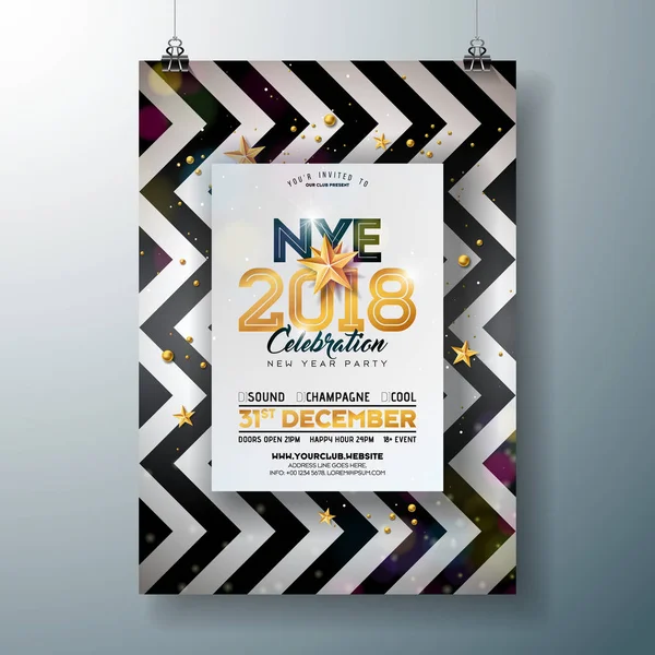 2018 New Year Party Celebration Poster Template Illustration with Shiny Gold Number on Abstract Fekete-fehér háttér. Vector Holiday Premium meghívó szórólap vagy Promo Banner. — Stock Vector