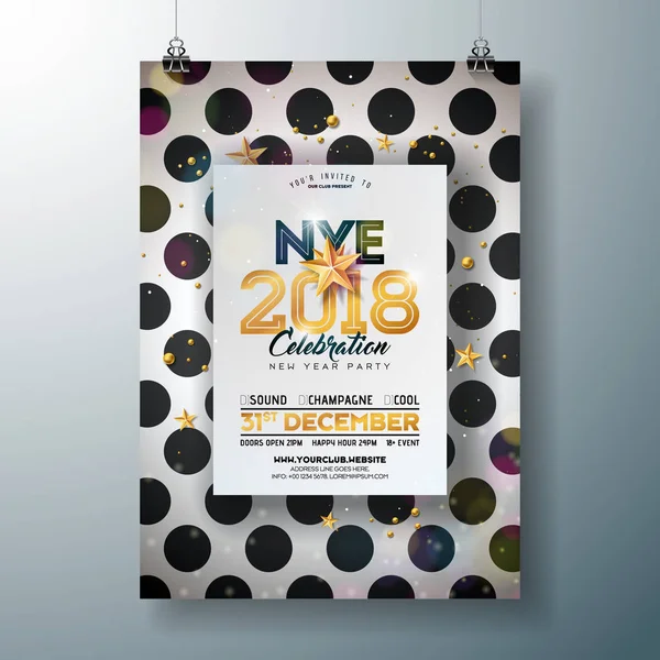 2018 New Year Party Celebration Poster Template Illustration with Shiny Gold Number on Abstract Fekete-fehér háttér. Vector Holiday Premium meghívó szórólap vagy Promo Banner. — Stock Vector