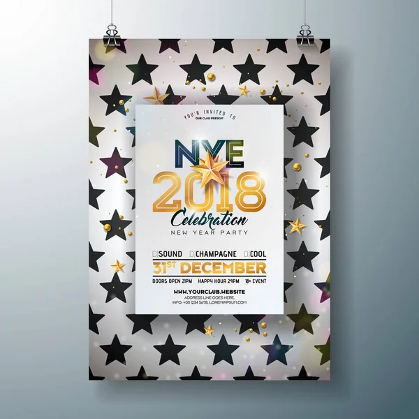 2018 New Year Party Celebration Poster Template Illustration mit glänzenden goldenen Zahl auf abstrakten schwarzen und weißen Hintergrund. Vector Holiday Premium Einladungsflyer oder Werbebanner. — Stockvektor
