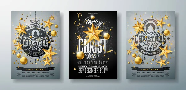 Vector Merry Christmas Party Flyer Illustration with Holiday Typography Elements Gold Cutout Paper Star and Ornamental Ball on Clean Background. Ensemble de conception de célébration. — Image vectorielle