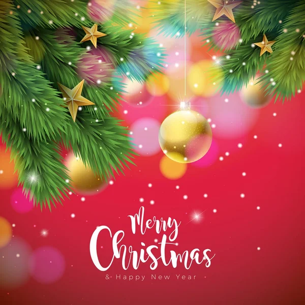 Vector Feliz Navidad Ilustración con bolas ornamentales y rama de pino sobre fondo rojo brillante. Diseño de tipografía feliz año nuevo para tarjeta de felicitación, póster, pancarta. — Vector de stock