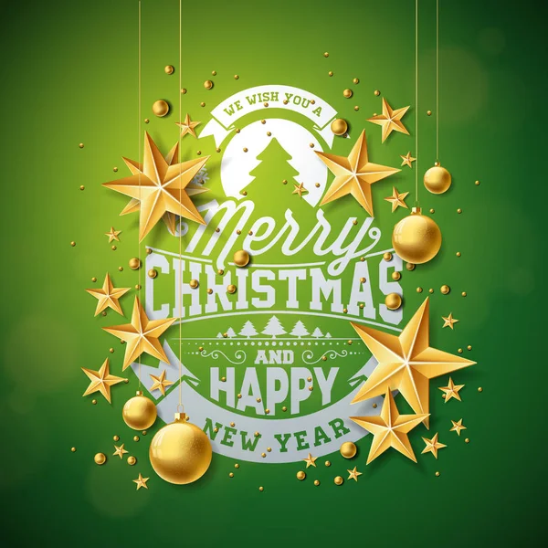 Векторная рождественская иллюминация с золотым стеклянным шаром, вырезанной бумажной звездой и типографскими слоями на зеленом фоне. Праздничный дизайн для поздравительной открытки, приглашения на вечеринку или рекламного баннера. — стоковый вектор