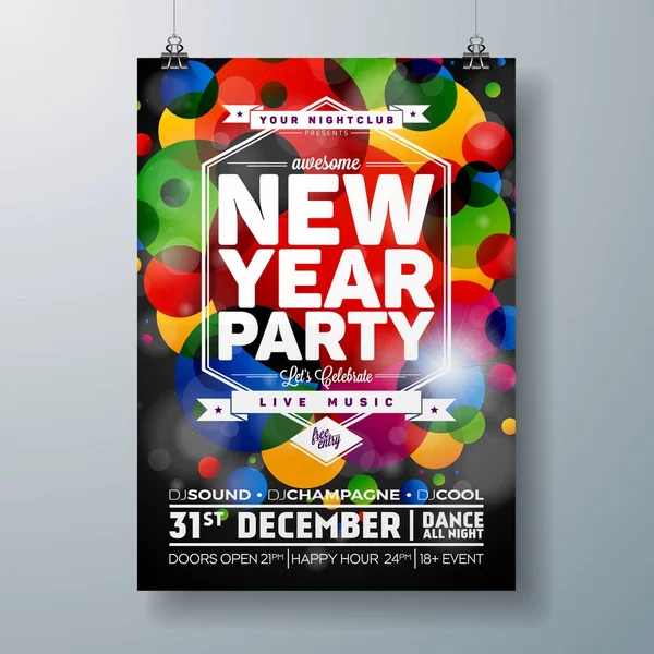 Nieuwjaarsfeest Feest Poster Template illustratie met 3d 2018 Tekst en Disco Ball op Glanzende Kleurrijke Achtergrond. Ontwerp van vector EPS 10. — Stockvector