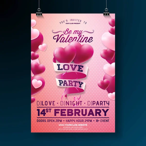 Vektör Sevgililer günü parti el ilanı tasarımı tipografi ve balon kalp üzerinde pembe bir arka plan ile. Aşk kutlama Poster şablonu için davet veya tebrik kartı. — Stok Vektör
