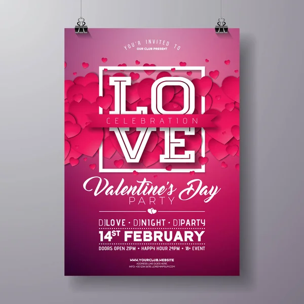 Vektor Valentines Day Party Flyer Design s láskou Typografie dopis a srdce na čistém pozadí. Šablona plakátu k pozvánce nebo blahopřání. — Stockový vektor