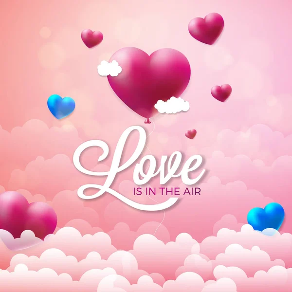 Happy Valentines Day Illustration with Red Heart Balloon on Pink Cloud Background. Vector Love is in the Air Design for Greeting Card, Party Invitation or Promo Banner. — Stock Vector