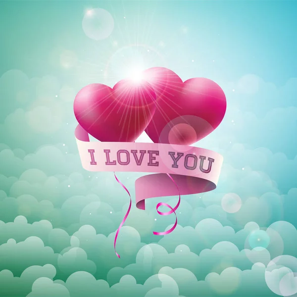 Šťastný Valentines den Design s červenými balónek srdce a typografie dopis na pozadí oblohy mrak. Vektor svatební a romantické lásky téma ilustrace pro blahopřání, Pozvánka na večírek nebo Promo — Stockový vektor