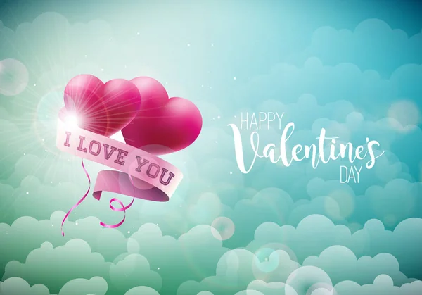 Šťastný Valentines den Design s červenými balónek srdce a typografie dopis na pozadí oblohy mrak. Vektor svatební a romantické lásky téma ilustrace pro blahopřání, Pozvánka na večírek nebo Promo — Stockový vektor