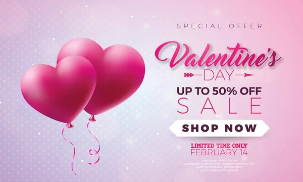 San Valentín diseño venta día con globo corazón rojo sobre fondo rosa. Vector ilustración oferta especial para cupón, banner, cupón o póster promocional. — Archivo Imágenes Vectoriales