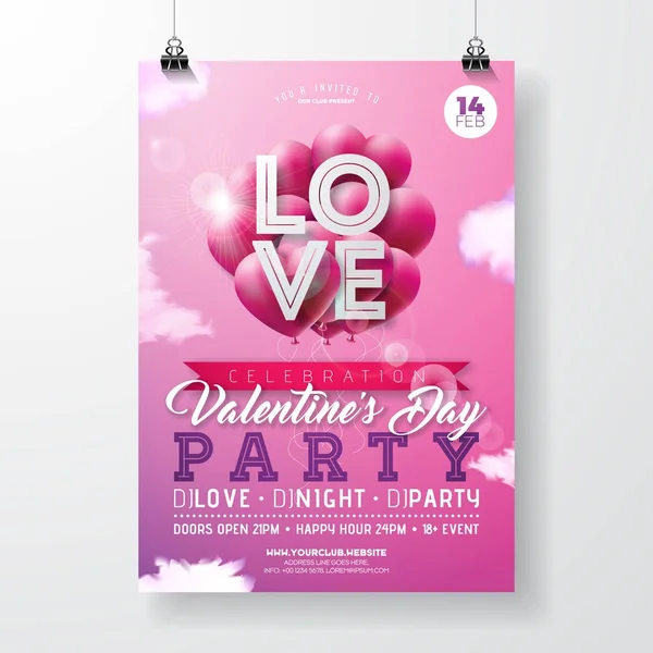 Sevgililer günü parti el ilanı tasarımı kırmızı balon, tipografi ve bulut pembe bir arka plan üzerinde duydum. Vektör kutlama Poster şablonu için davet veya tebrik kartı. — Stok Vektör