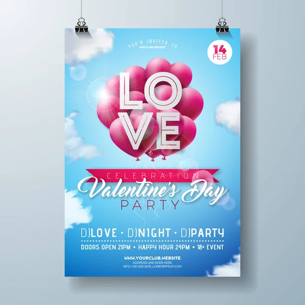 Sevgililer Günü Parti Pilotu Sevgi Mektubu ve Gökyüzü Arkaplanında Kalp Balonu Tasarımı. Davet ya da Tebrik Kartı için Vektör Tatil Kutlaması Posteri Şablonu. — Stok Vektör