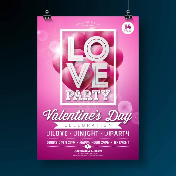 Valentines Day Party Flyer Design s láskou Typografie dopis a létající balón srdce na růžovém pozadí. Vektorové svátky plakát šablona pro pozvánky nebo blahopřání. — Stockový vektor