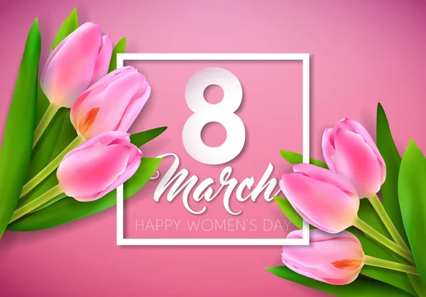 Gelukkige dag van de Womens illustratie met Tulip boeket en 8 maart typografie brief op roze achtergrond. Vector Spring bloem ontwerpsjabloon voor wenskaart. — Stockvector