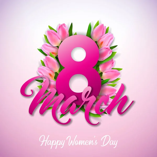 Happy Womens Day Illustration with Tulip Bouquet and 8 March Typography Letter on Pink Background (em inglês). Modelo de design de flor de mola vetorial para cartão de saudação . —  Vetores de Stock