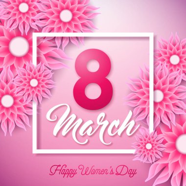 Mutlu kadın gün illüstrasyon soyut çiçek ve 8 Mart tipografi mektup üzerinde pembe bir arka plan ile. Vektör bahar çiçek tasarım şablonu için tebrik kartı.