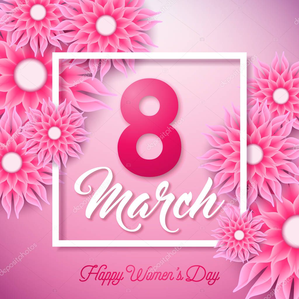 Happy Womens Day Illustration with Abstract Flower and 8 March Typography Letter on Pink Background. Vector Spring Flower Design Template for Greeting Card.