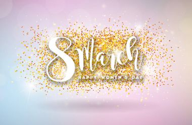 Parlak Arkaplan Üzerine 8 Mart Tipografi Mektubuyla Mutlu Kadınlar Günü Resimleri. Uluslararası Vektör Bayram Kartı Tasarım Şablonu.