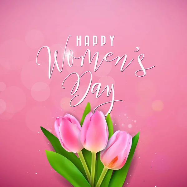 Happy Womens Day Illustration with Tulip Bouquet and Typography Letter on Pink Background. Vector Spring Flower Design Template for Greeting Card. — Stock Vector