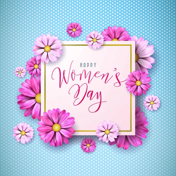 Happy Womens Day Floral Grußkarte Design. International Female Holiday Illustration mit Blumen- und Typografie-Buchstabendesign auf rosa Hintergrund. Vector International Vorlage für den 8. März. — Stockvektor