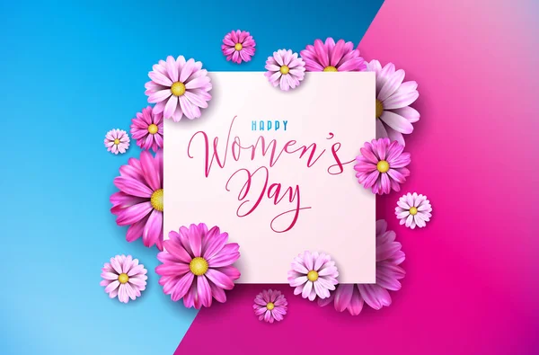 Happy Womens Day Floral Grußkarte Design. International Female Holiday Illustration mit Blumen- und Typografie-Buchstabendesign auf rosa und blauem Hintergrund. Vector International Vorlage für den 8. März. — Stockvektor