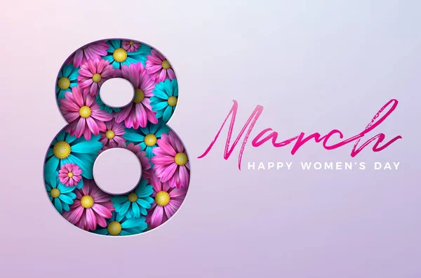 Happy Womens Day Floral Felicitări Design. Ilustrație internațională de vacanță feminină cu Siluetă Număr, Flori și Tipografie Scrisoare Design pe fundal roz. Vector International 8 martie — Vector de stoc