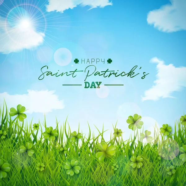 Saint Patricks Day Illustration med gröna klöver fält på blå himmel bakgrund. Irish Lucky Holiday Vector Design för gratulationskort, Party Inbjudan eller Promo Banner. — Stock vektor