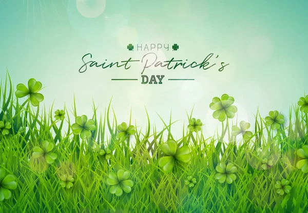 Иллюстрация ко Дню Святого Патрика с полем Зеленых Кловеров на фоне голубого неба. Ирландский векторный дизайн поздравительной открытки, приглашения на вечеринку или рекламного баннера. — стоковый вектор