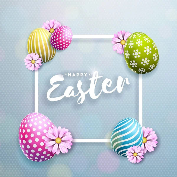 Vector Illustratie van Happy Easter Holiday met beschilderd ei en bloem op een schone achtergrond. International Celebration Design met typografie voor wenskaart, Party Invitation of Promo Banner. — Stockvector