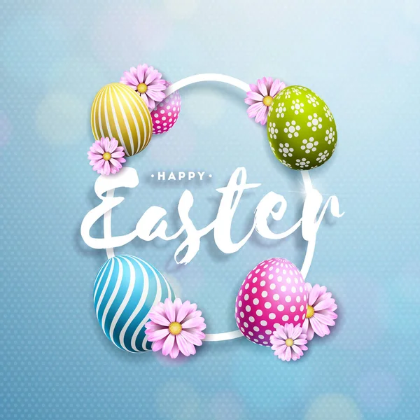 Vector Illustratie van Happy Easter Holiday met beschilderd ei en bloem op een schone achtergrond. International Celebration Design met typografie voor wenskaart, Party Invitation of Promo Banner. — Stockvector