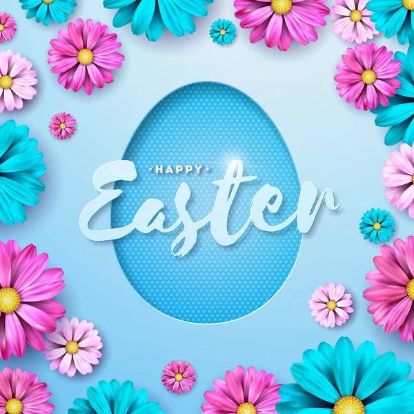 Vektorillustration von Frohe Ostern mit bemalten Ei und Blume auf sauberem Hintergrund. Internationales Feierdesign mit Typografie für Grußkarte, Party-Einladung oder Promo-Banner. — Stockvektor