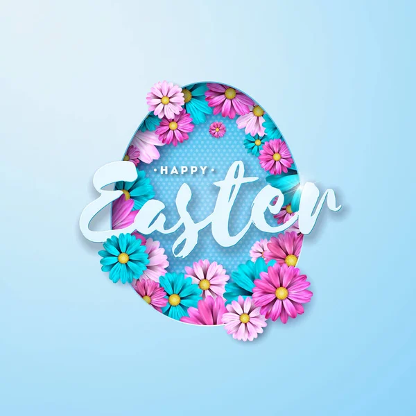 Vektorillustration von Frohe Ostern mit bemalten Ei und Blume auf sauberem Hintergrund. Internationales Feierdesign mit Typografie für Grußkarte, Party-Einladung oder Promo-Banner. — Stockvektor