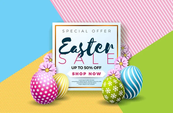 Easter Sale Illustration with Color Painted Egg and Typography Element on Abstract Background. Vector Holiday Design Template for Coupon, Banner, Voucher or Promotional Poster.. — Stock Vector