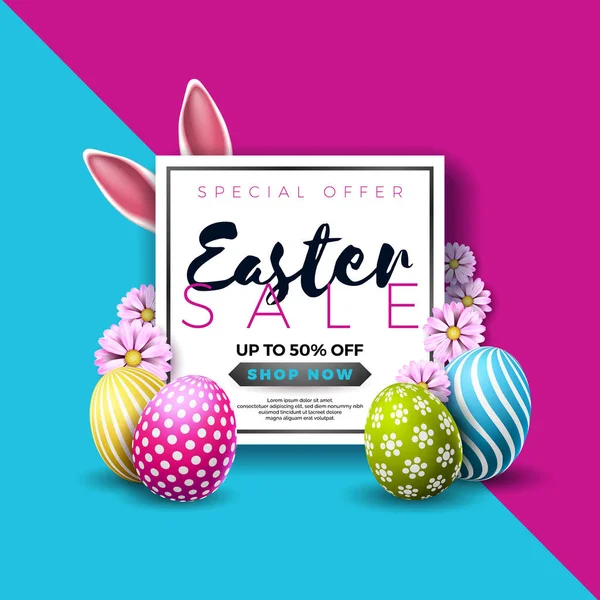 Easter Sale Illustration with Color Painted Egg and Typography Element on Abstract Background (dalam bahasa Inggris). Templat Desain Vektor Holiday untuk Poster Kupon, Banner, Voucher, atau Promosi.. - Stok Vektor