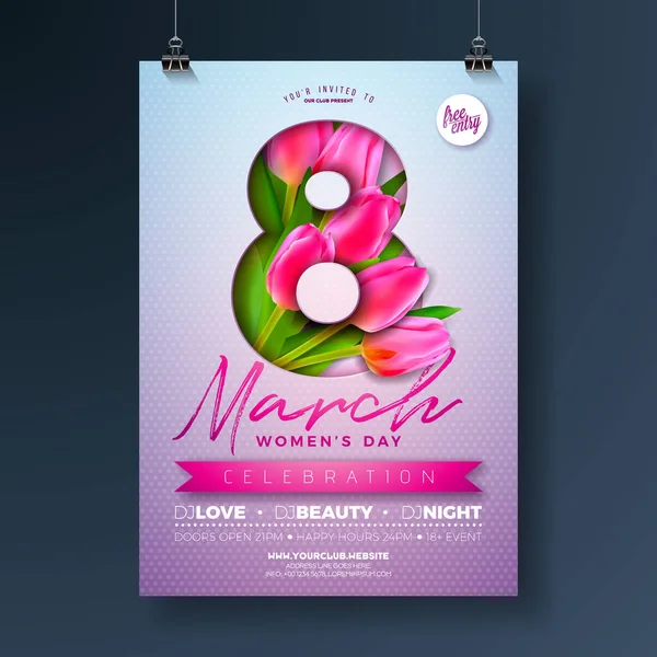 Womens dag partij Flyer illustratie met Tulip bloemboeket en 8 maart typografie brief op roze achtergrond. 8 maart vrouwelijke vakantie ontwerp voor viering Poster, spandoek of uitnodiging. — Stockvector