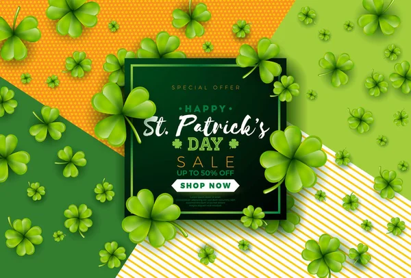 St. Patricks Day Sale Design, con carta de trébol y tipografía sobre fondo verde. Vector irlandés Lucky Holiday Design Template para cupón, banner, cupón o póster promocional . — Archivo Imágenes Vectoriales