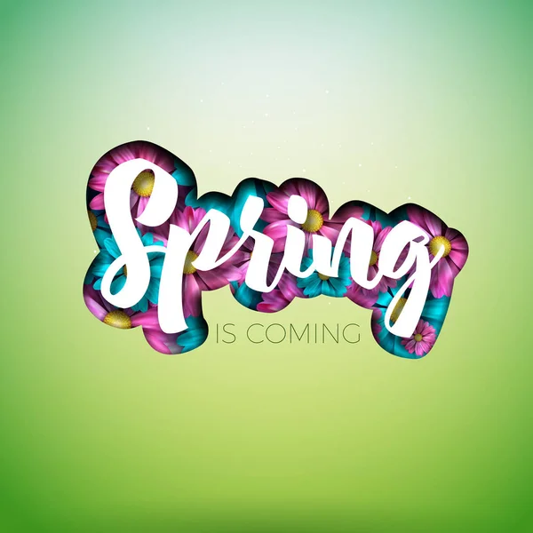 Diseño de la naturaleza de primavera con hermosa flor colorida sobre fondo limpio. Plantilla de diseño floral vectorial con letra tipográfica. — Vector de stock